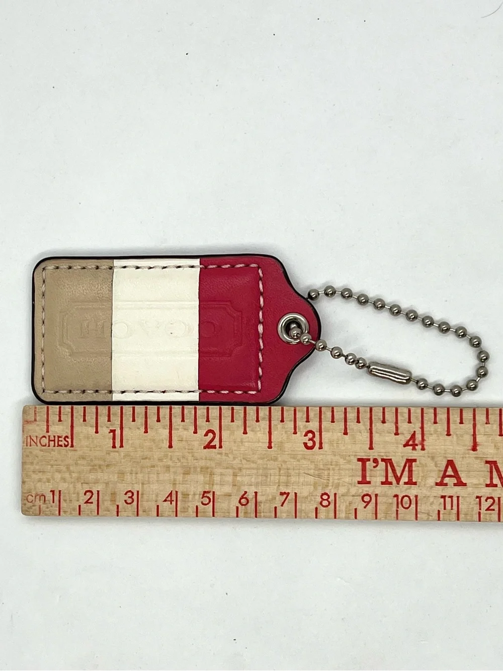 Coach Leather Hang Tag Keychain Charm Colorblock Dark Pink White Beige Bag Fob